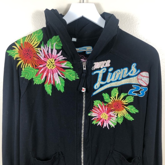 Johnny Was Embroidered Zip Up Black Hoodie Lions Baseball Team Spirit Medium - Picture 2 of 12